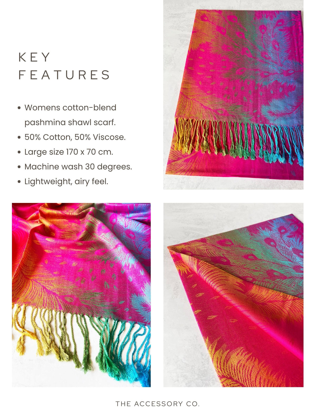 LARGE FUCHSIA PINK RAINBOW FEATHER AND LEAF PRINT PASHMINA SHAWL SCARF