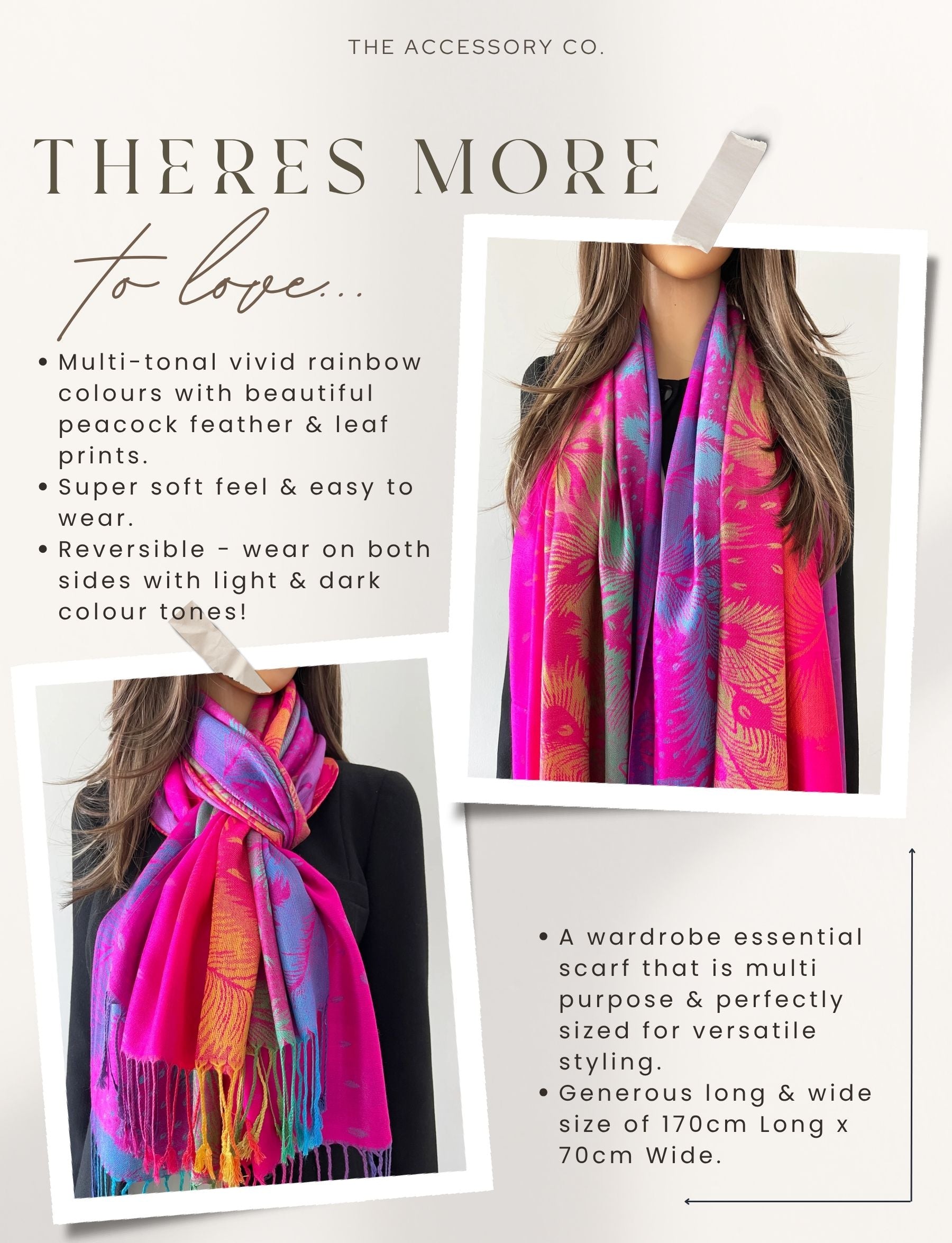 LARGE FUCHSIA PINK RAINBOW FEATHER AND LEAF PRINT PASHMINA SHAWL SCARF