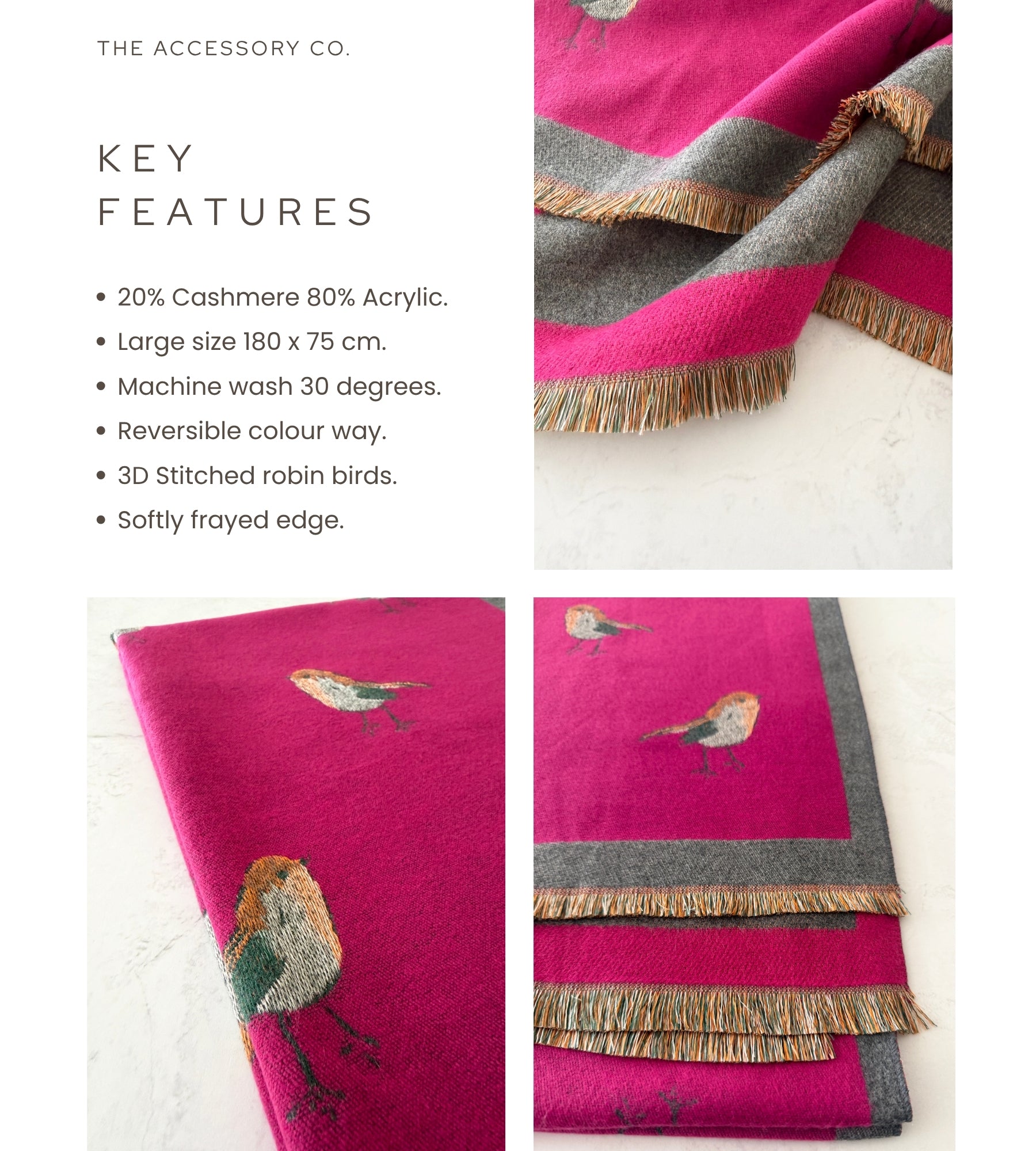 LARGE FUCHSIA PINK ROBIN REVERSIBLE WINTER SHAWL BLANKET SCARF