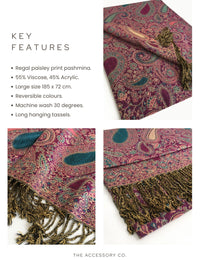 LARGE FUSCHIA PINK MULTI COLOUR PAISLEY PRINT PASHMINA SHAWL SCARF - A-SHU.CO.UK