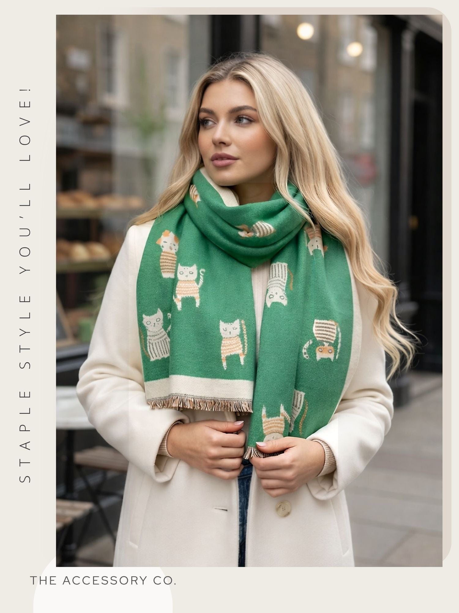 LARGE GREEN CAT THICK REVERSIBLE WINTER SHAWL BLANKET SCARF
