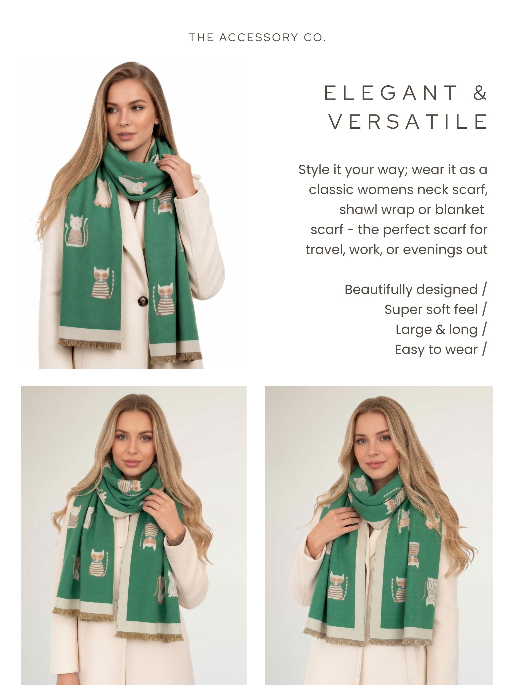 LARGE GREEN CAT THICK REVERSIBLE WINTER SHAWL BLANKET SCARF