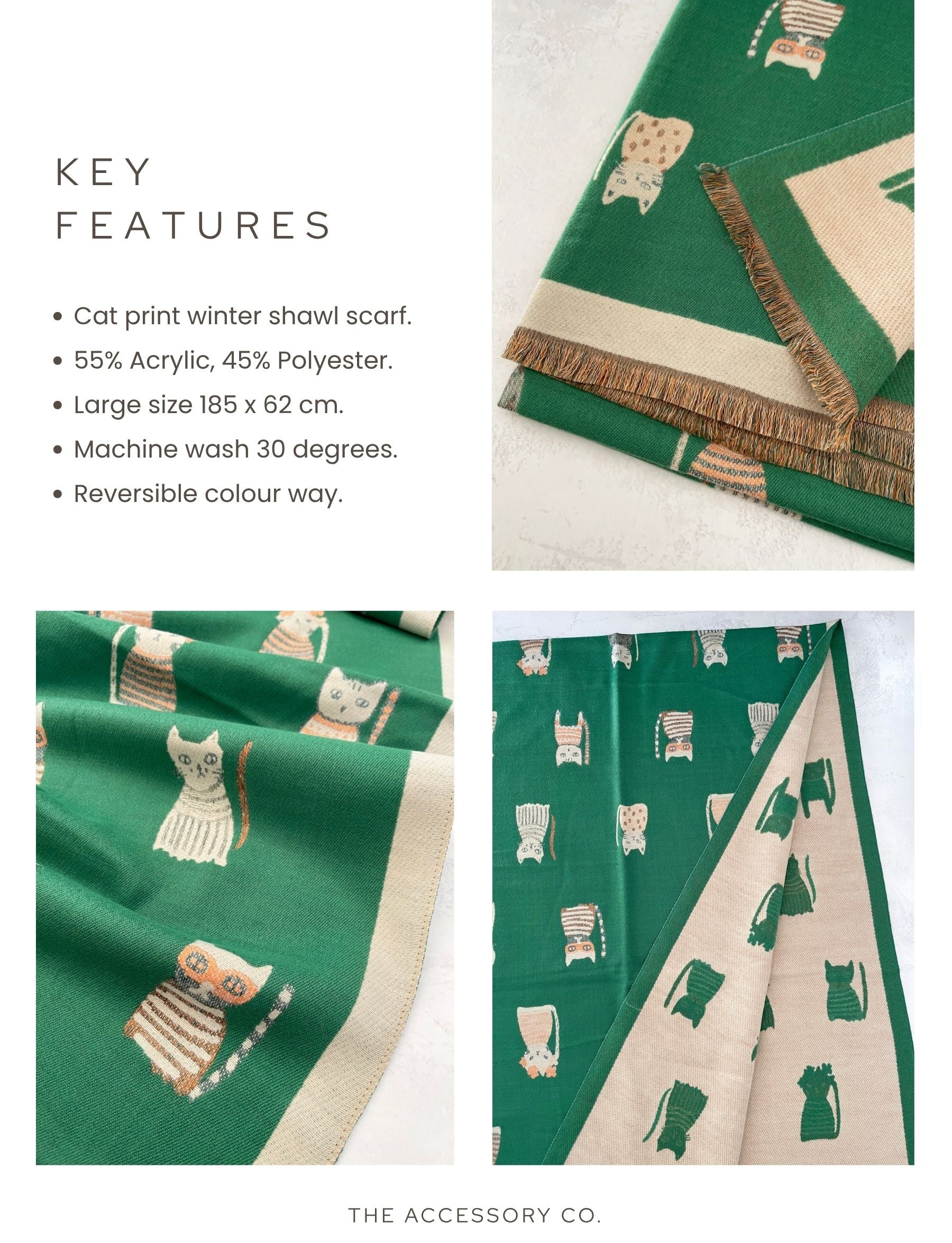 LARGE GREEN CAT THICK REVERSIBLE WINTER SHAWL BLANKET SCARF
