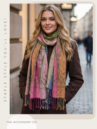 LARGE GREEN RAINBOW MULTI COLOUR PAISLEY PRINT PASHMINA SHAWL SCARF - A-SHU.CO.UK