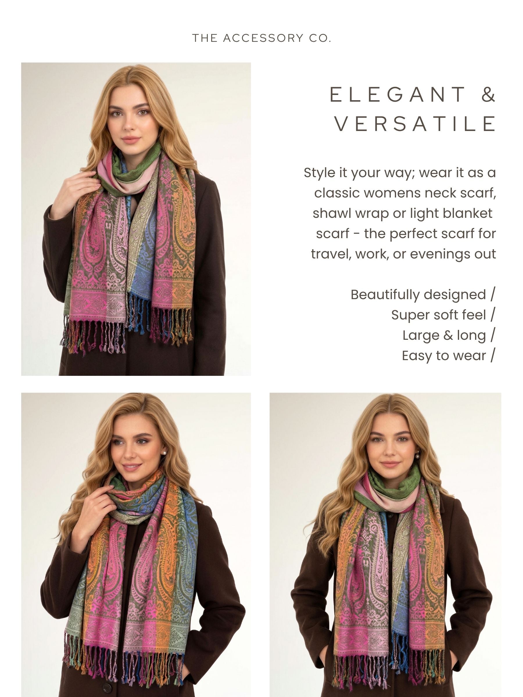 LARGE GREEN RAINBOW MULTI COLOUR PAISLEY PRINT PASHMINA SHAWL SCARF - A-SHU.CO.UK