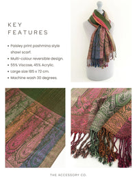 LARGE GREEN RAINBOW MULTI COLOUR PAISLEY PRINT PASHMINA SHAWL SCARF - A-SHU.CO.UK