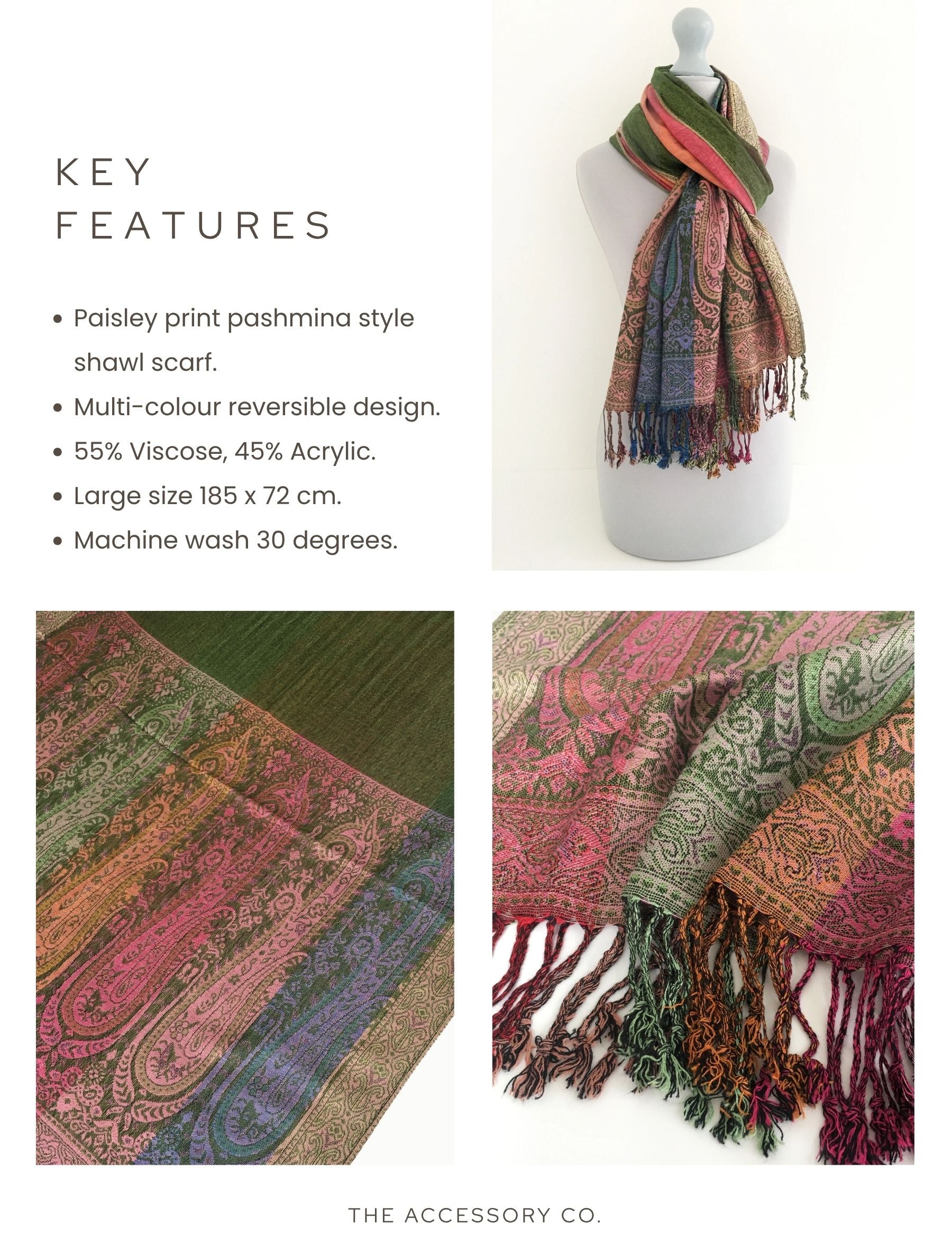LARGE GREEN RAINBOW MULTI COLOUR PAISLEY PRINT PASHMINA SHAWL SCARF - A-SHU.CO.UK