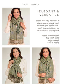LARGE GREEN REVERSIBLE GEOMETRIC PAISLEY PRINT PASHMINA SHAWL SCARF WRAP - A-SHU.CO.UK