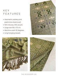 LARGE GREEN REVERSIBLE GEOMETRIC PAISLEY PRINT PASHMINA SHAWL SCARF WRAP - A-SHU.CO.UK
