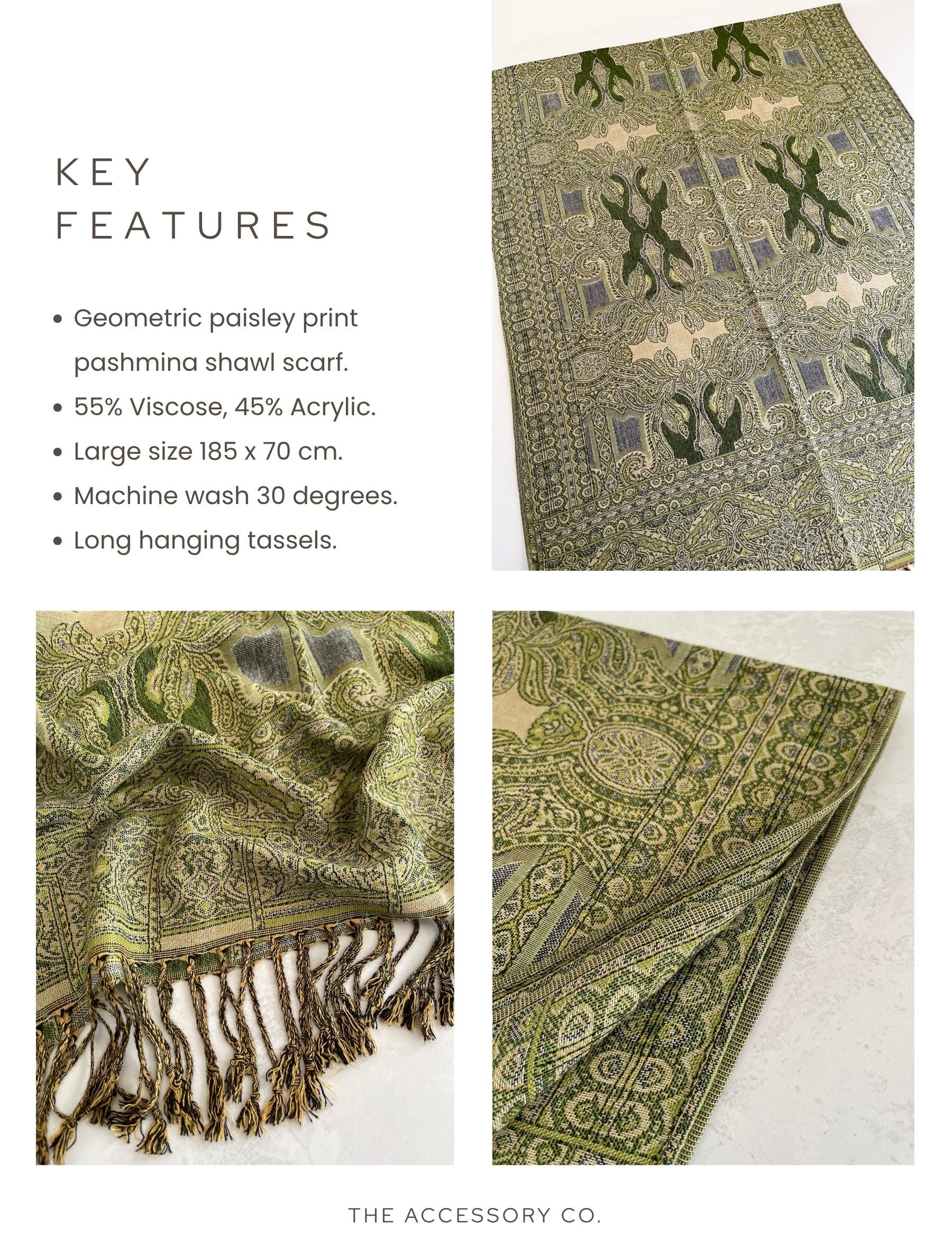 LARGE GREEN REVERSIBLE GEOMETRIC PAISLEY PRINT PASHMINA SHAWL SCARF WRAP - A-SHU.CO.UK