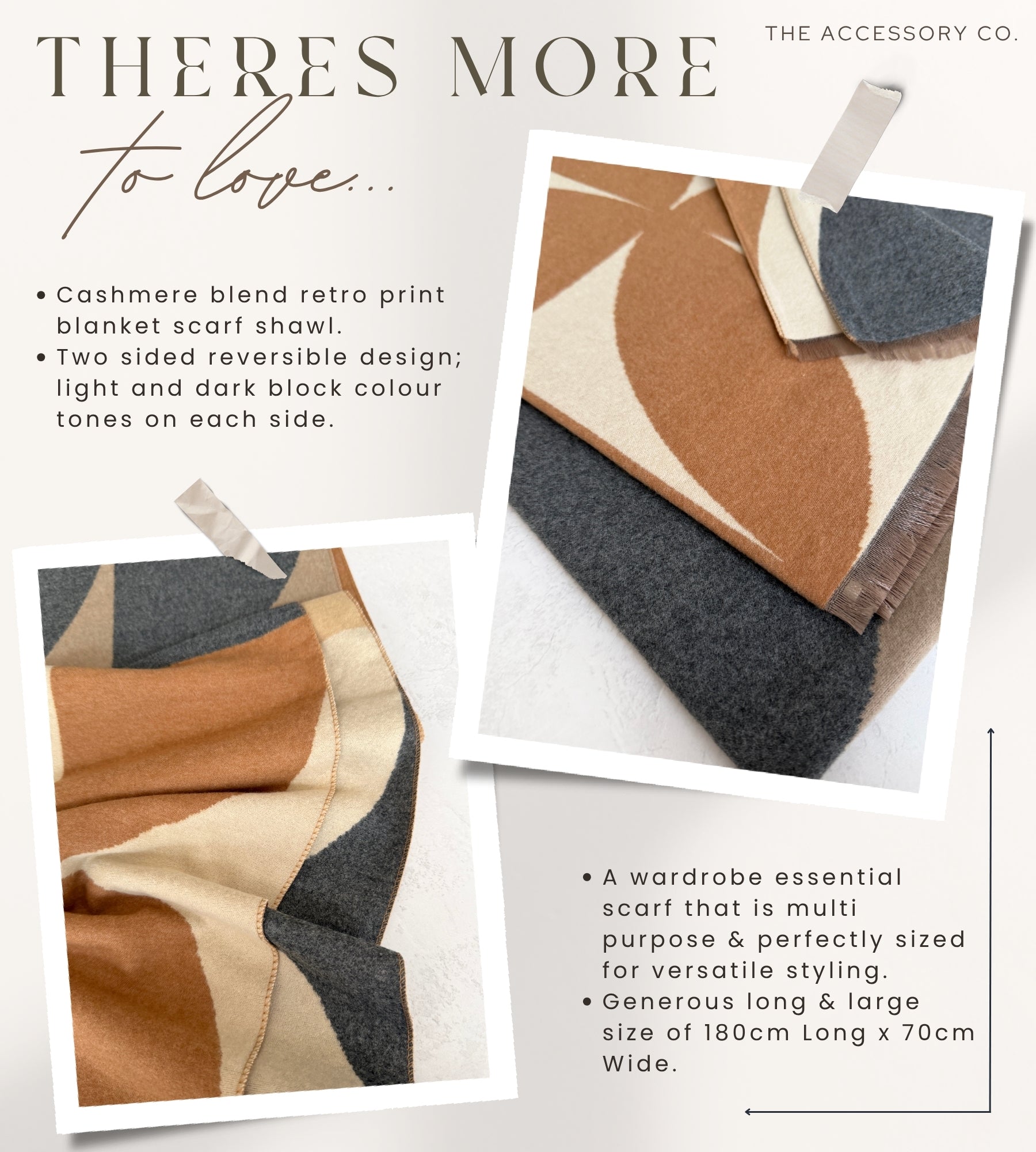 LARGE GREY CASHMERE RETRO PRINT REVERSIBLE WINTER SHAWL BLANKET SCARF