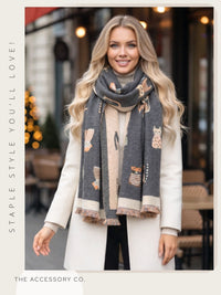 LARGE GREY CAT THICK REVERSIBLE WINTER SHAWL BLANKET SCARF