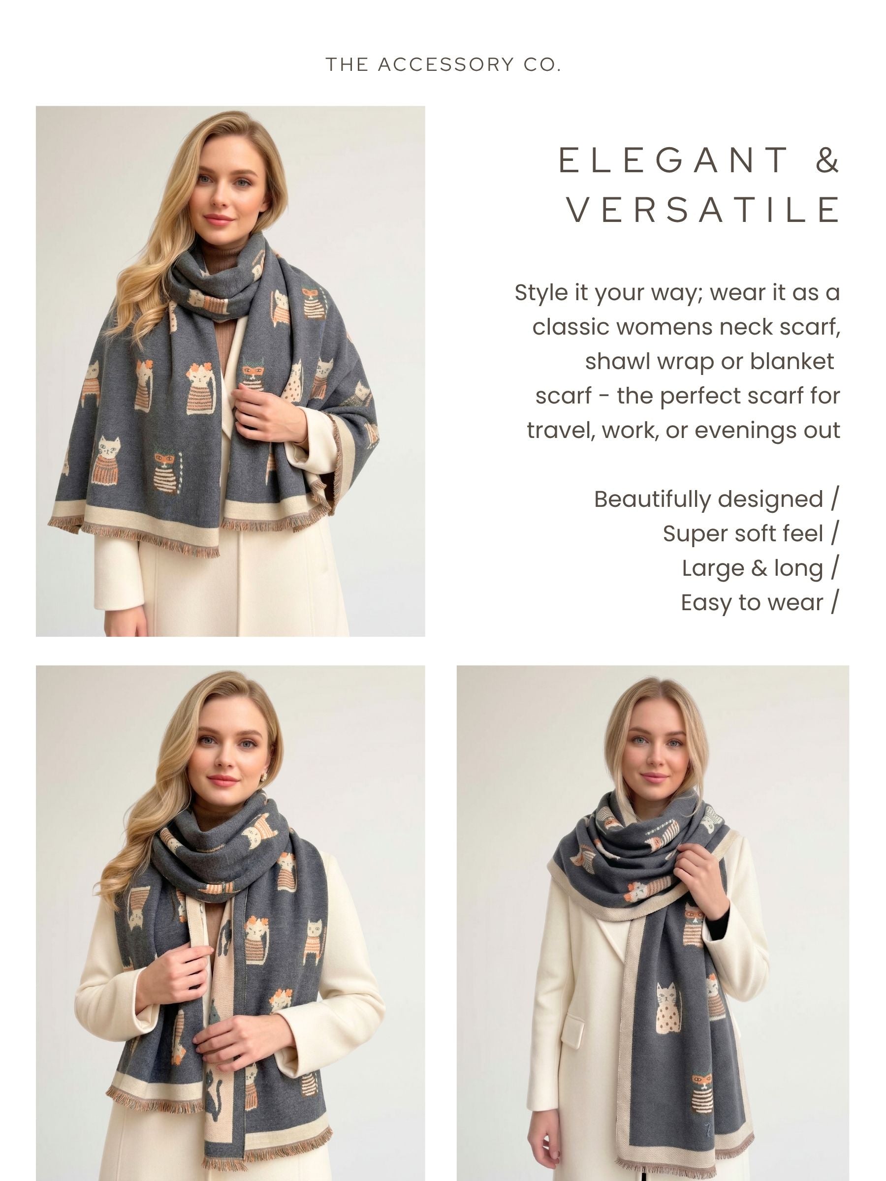 LARGE GREY CAT THICK REVERSIBLE WINTER SHAWL BLANKET SCARF