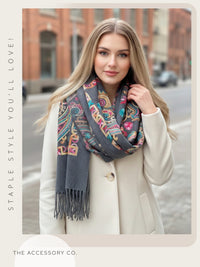 LARGE GREY COLOURFUL PAISLEY CASHMERE COTTON BLEND WINTER SHAWL BLANKET SCARF