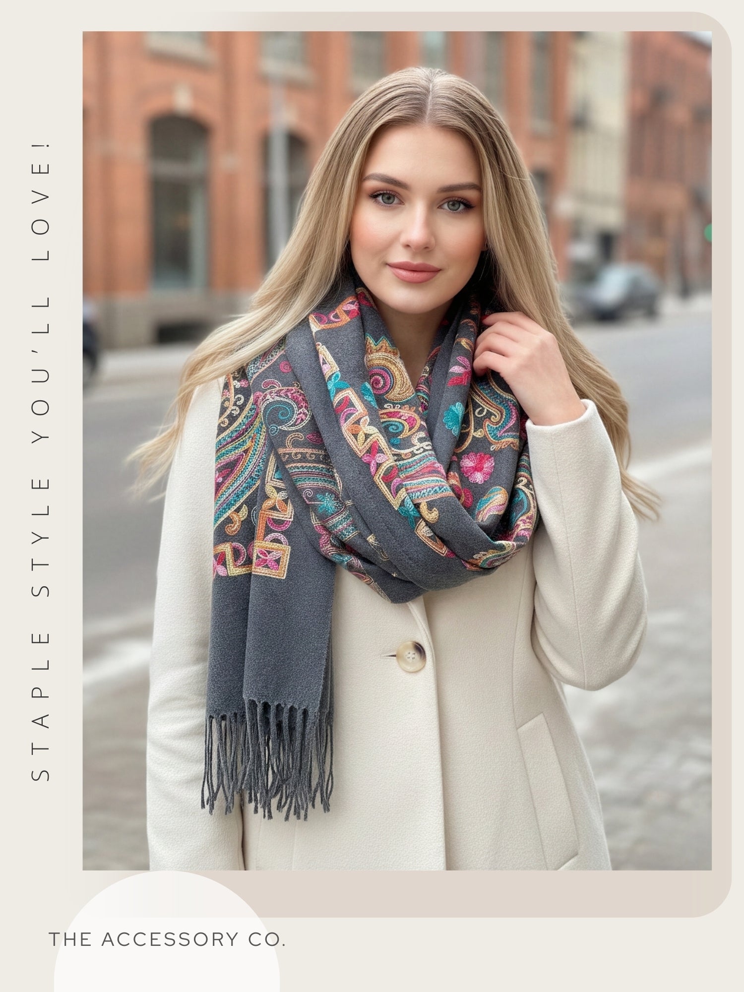 LARGE GREY COLOURFUL PAISLEY CASHMERE COTTON BLEND WINTER SHAWL BLANKET SCARF