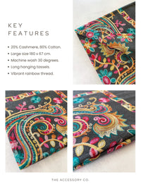 LARGE GREY COLOURFUL PAISLEY CASHMERE COTTON BLEND WINTER SHAWL BLANKET SCARF