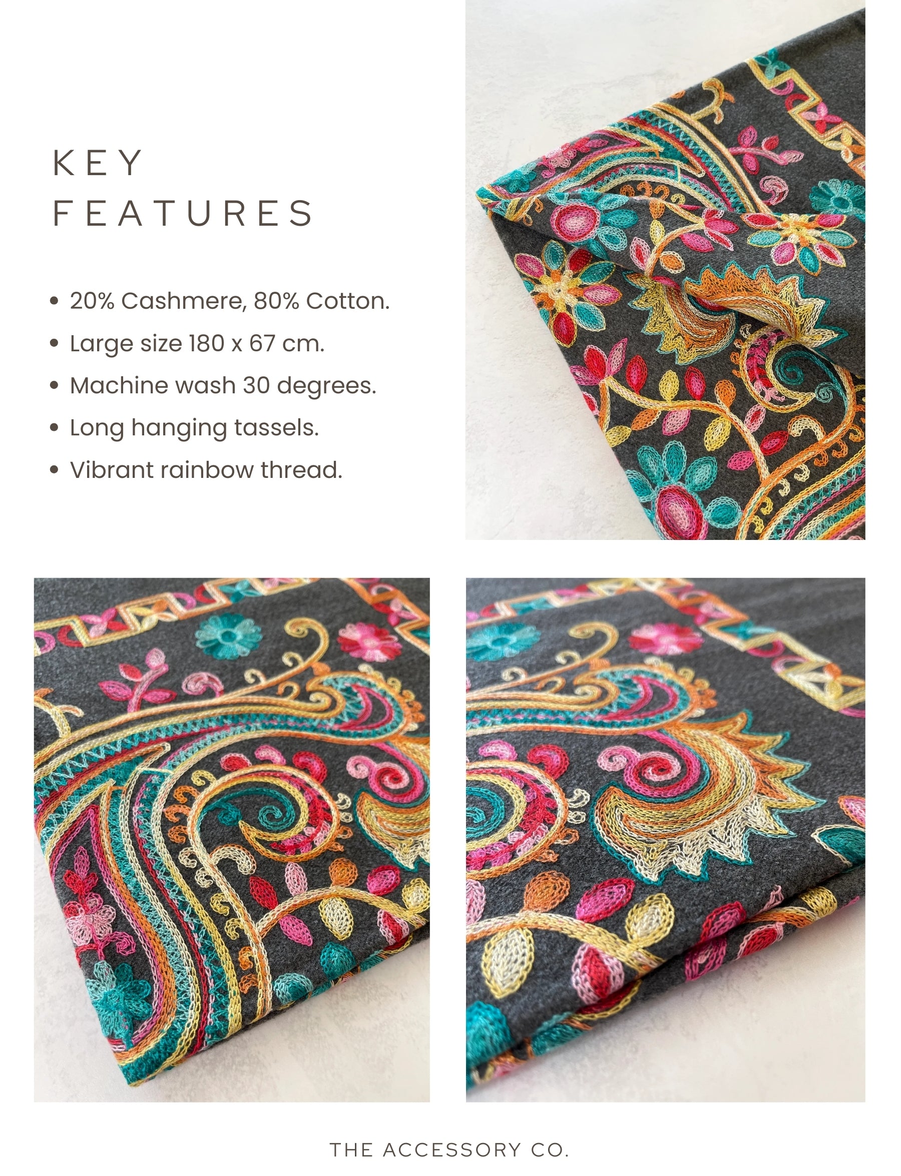 LARGE GREY COLOURFUL PAISLEY CASHMERE COTTON BLEND WINTER SHAWL BLANKET SCARF