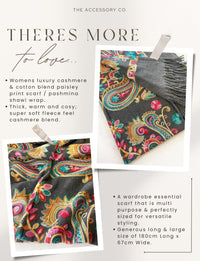 LARGE GREY COLOURFUL PAISLEY CASHMERE COTTON BLEND WINTER SHAWL BLANKET SCARF