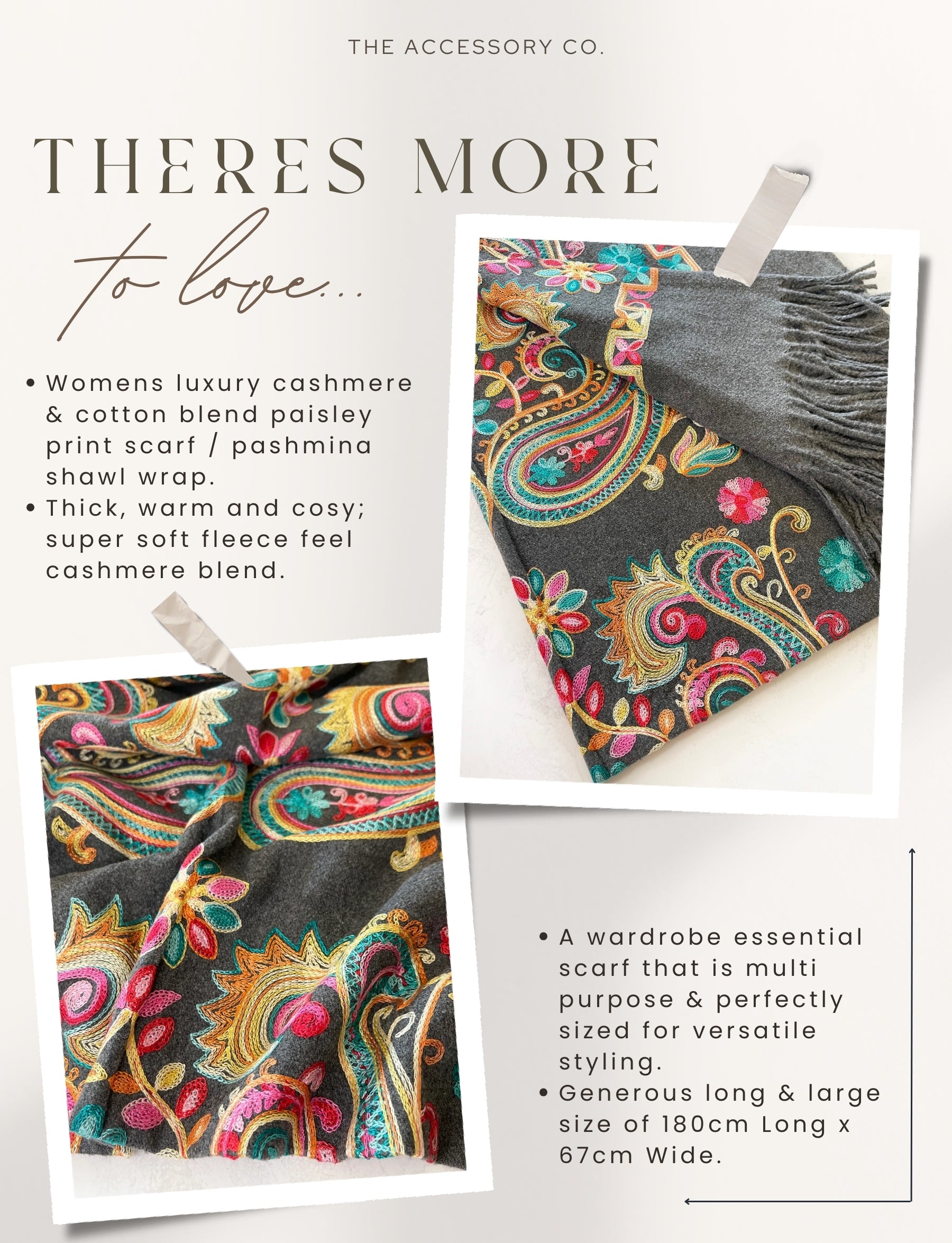 LARGE GREY COLOURFUL PAISLEY CASHMERE COTTON BLEND WINTER SHAWL BLANKET SCARF