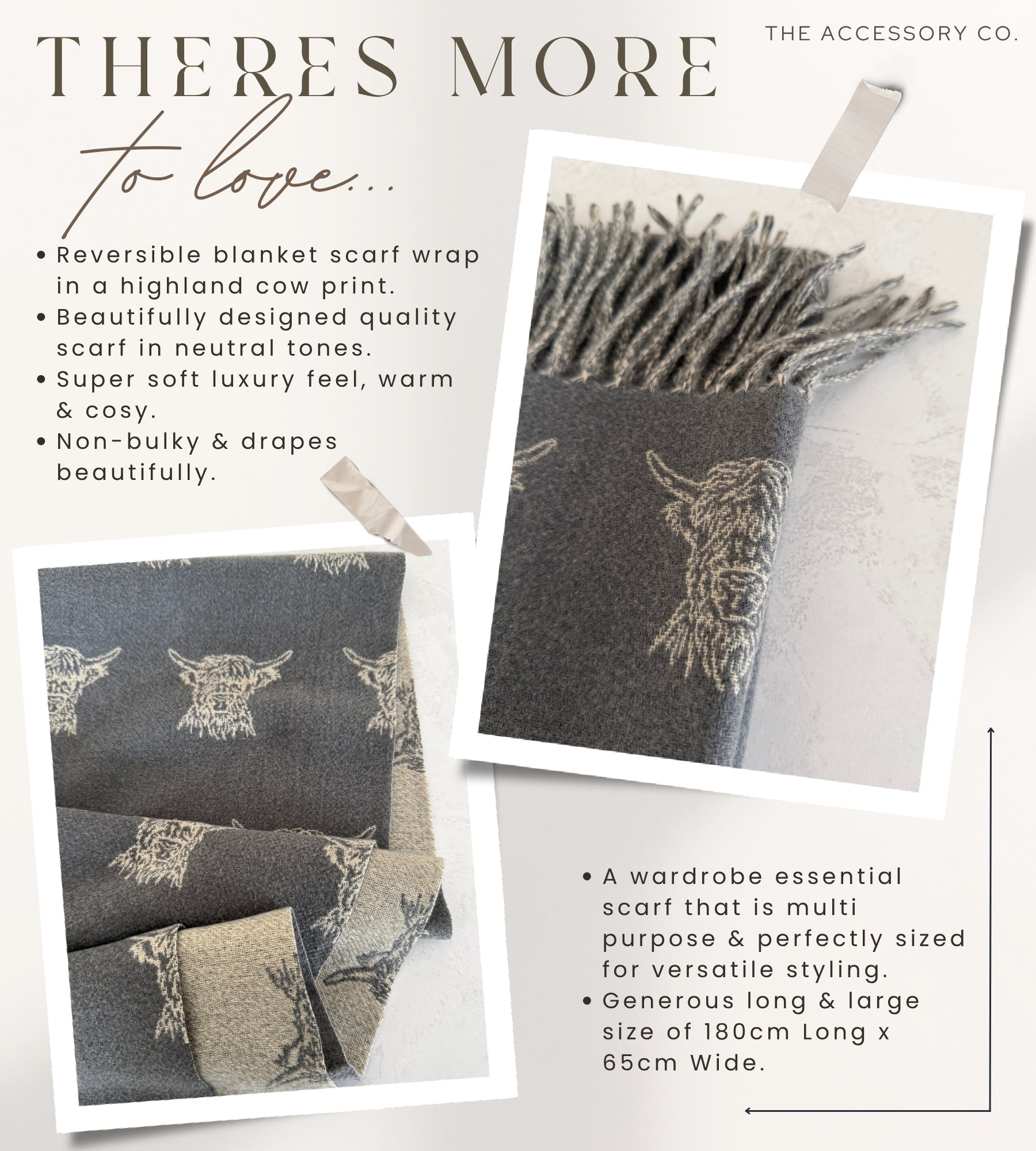 LARGE GREY HIGHLAND COW PRINT REVERSIBLE WINTER SHAWL BLANKET SCARF