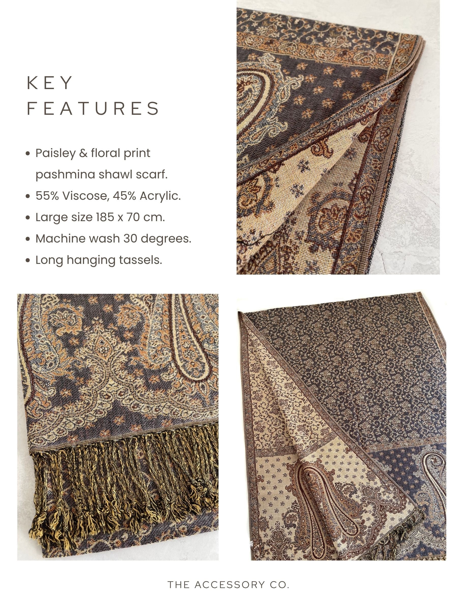 LARGE GREY REVERSIBLE MULTI COLOUR PAISLEY PRINT PASHMINA SHAWL SCARF WRAP - A-SHU.CO.UK