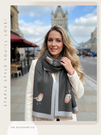 LARGE GREY ROBIN REVERSIBLE WINTER SHAWL BLANKET SCARF