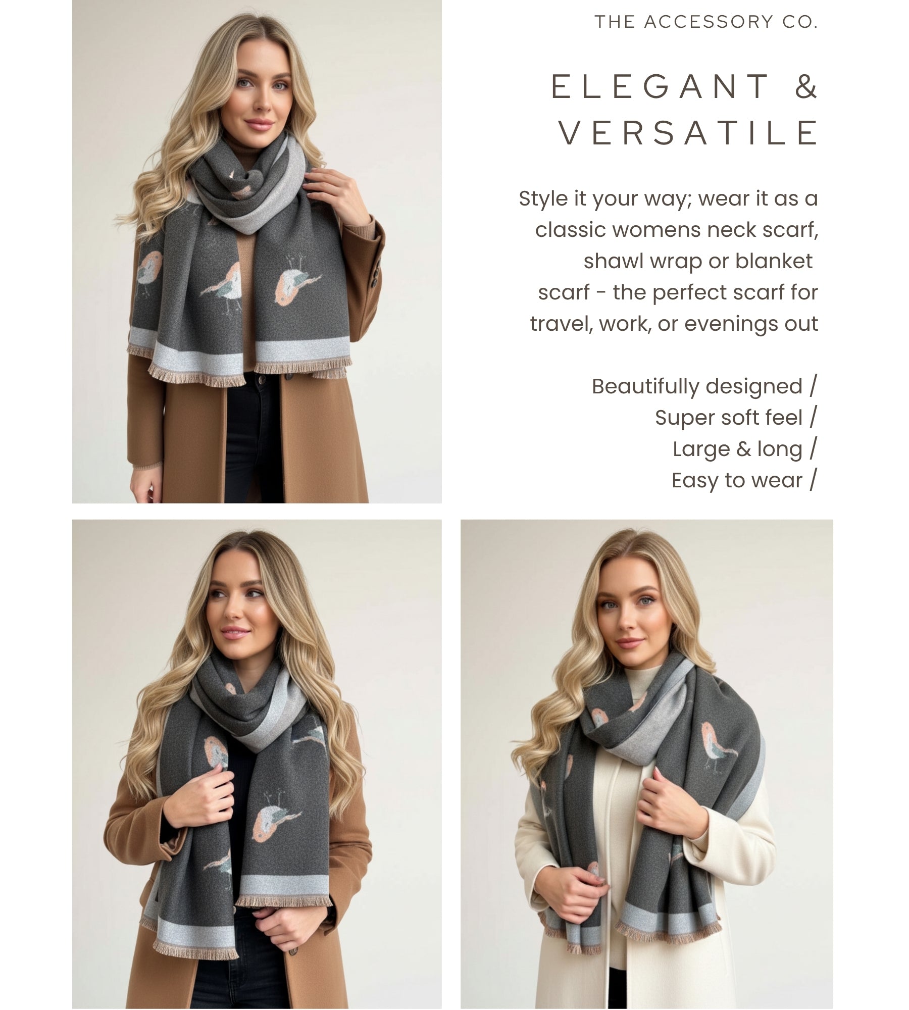 LARGE GREY ROBIN REVERSIBLE WINTER SHAWL BLANKET SCARF