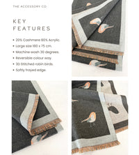 LARGE GREY ROBIN REVERSIBLE WINTER SHAWL BLANKET SCARF