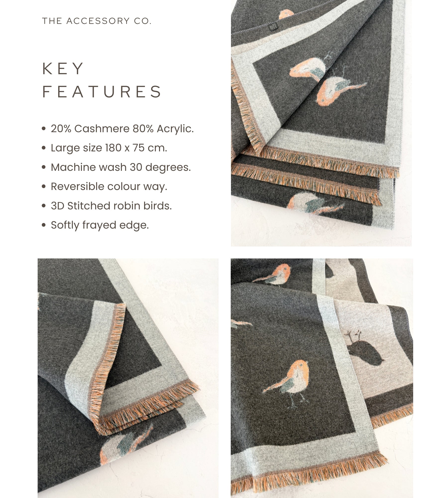 LARGE GREY ROBIN REVERSIBLE WINTER SHAWL BLANKET SCARF