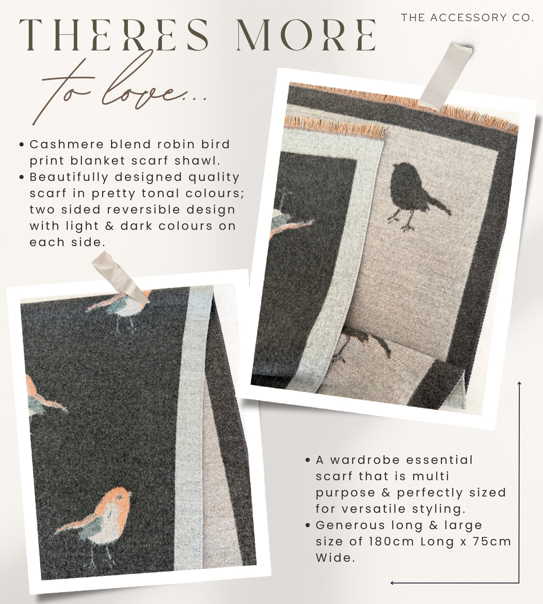 LARGE GREY ROBIN REVERSIBLE WINTER SHAWL BLANKET SCARF