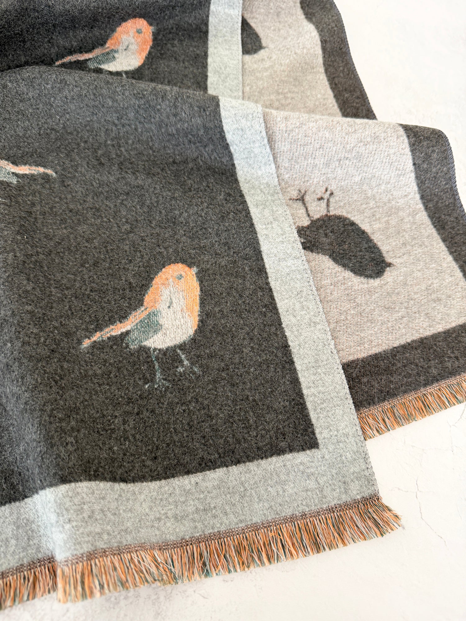 LARGE GREY ROBIN REVERSIBLE WINTER SHAWL BLANKET SCARF