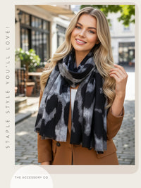 LARGE GREY WOOL BIG LEOPARD PRINT SCARF