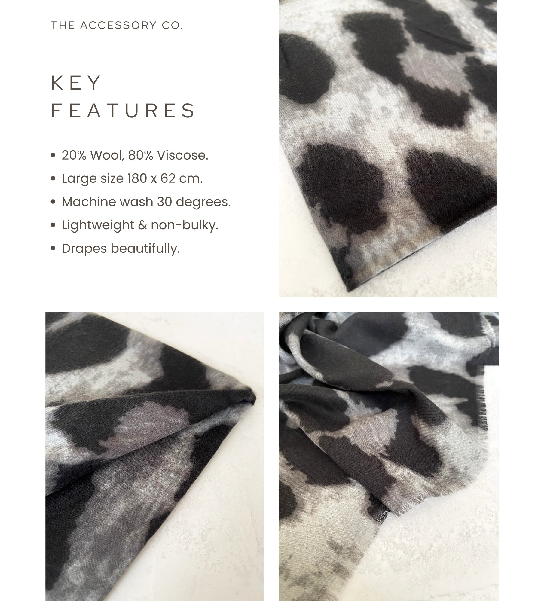 LARGE GREY WOOL BIG LEOPARD PRINT SCARF