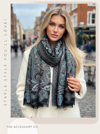 LARGE HAZED BLACK MULTI COLOUR PAISLEY PASHMINA SHAWL SCARF WRAP