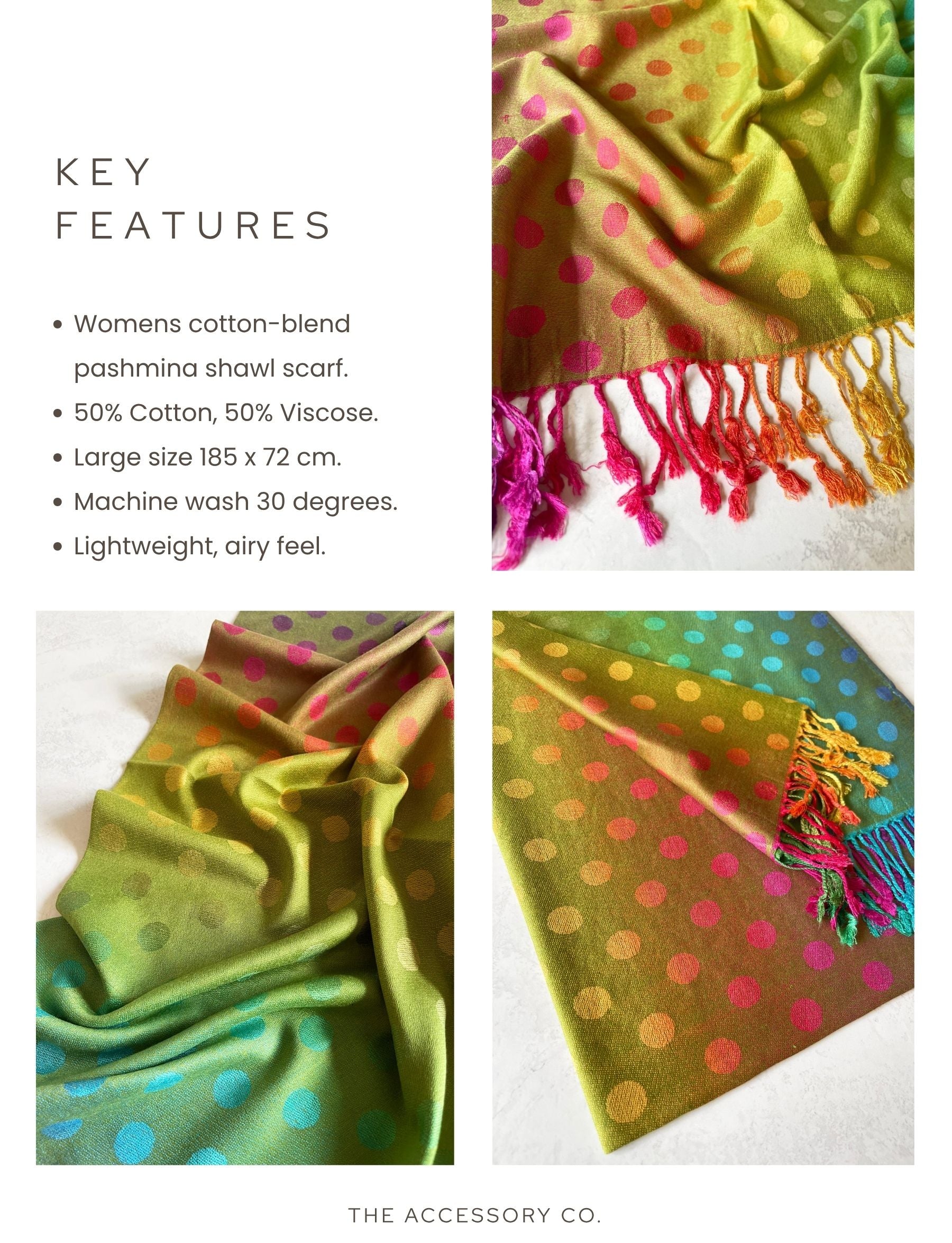 LARGE LIME YELLOW MULTI-COLOUR DOT PRINT PASHMINA SHAWL SCARF - A-SHU.CO.UK