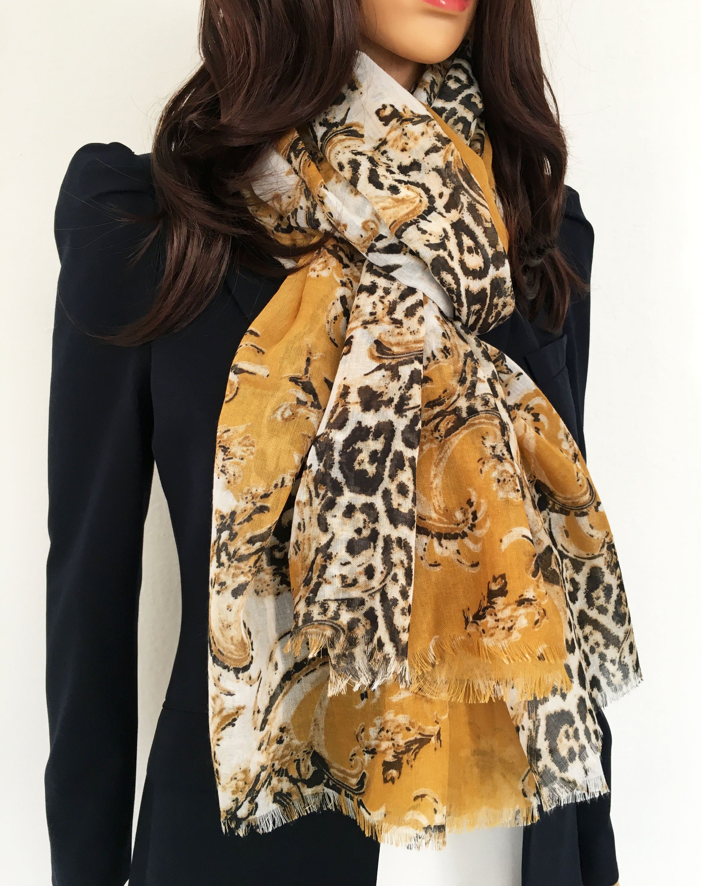 LARGE MUSTARD YELLOW VINTAGE LEOPARD PRINT SHAWL SCARF