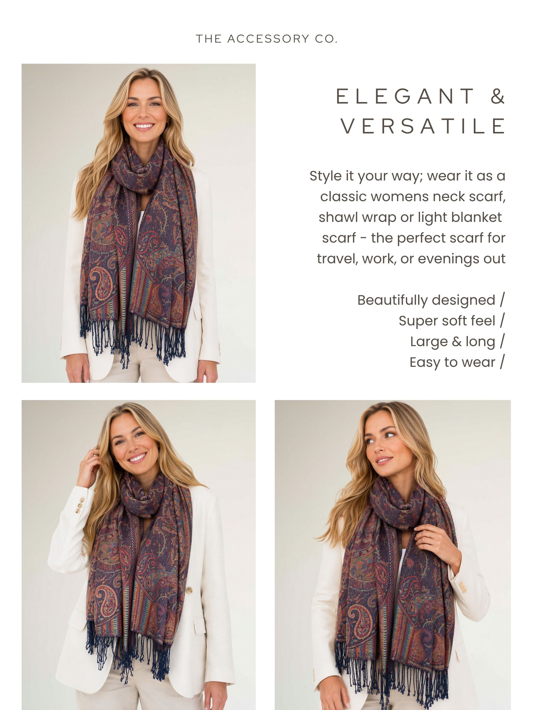LARGE NAVY BLUE MULTI COLOUR PAISLEY PASHMINA SHAWL SCARF WRAP - A-SHU.CO.UK