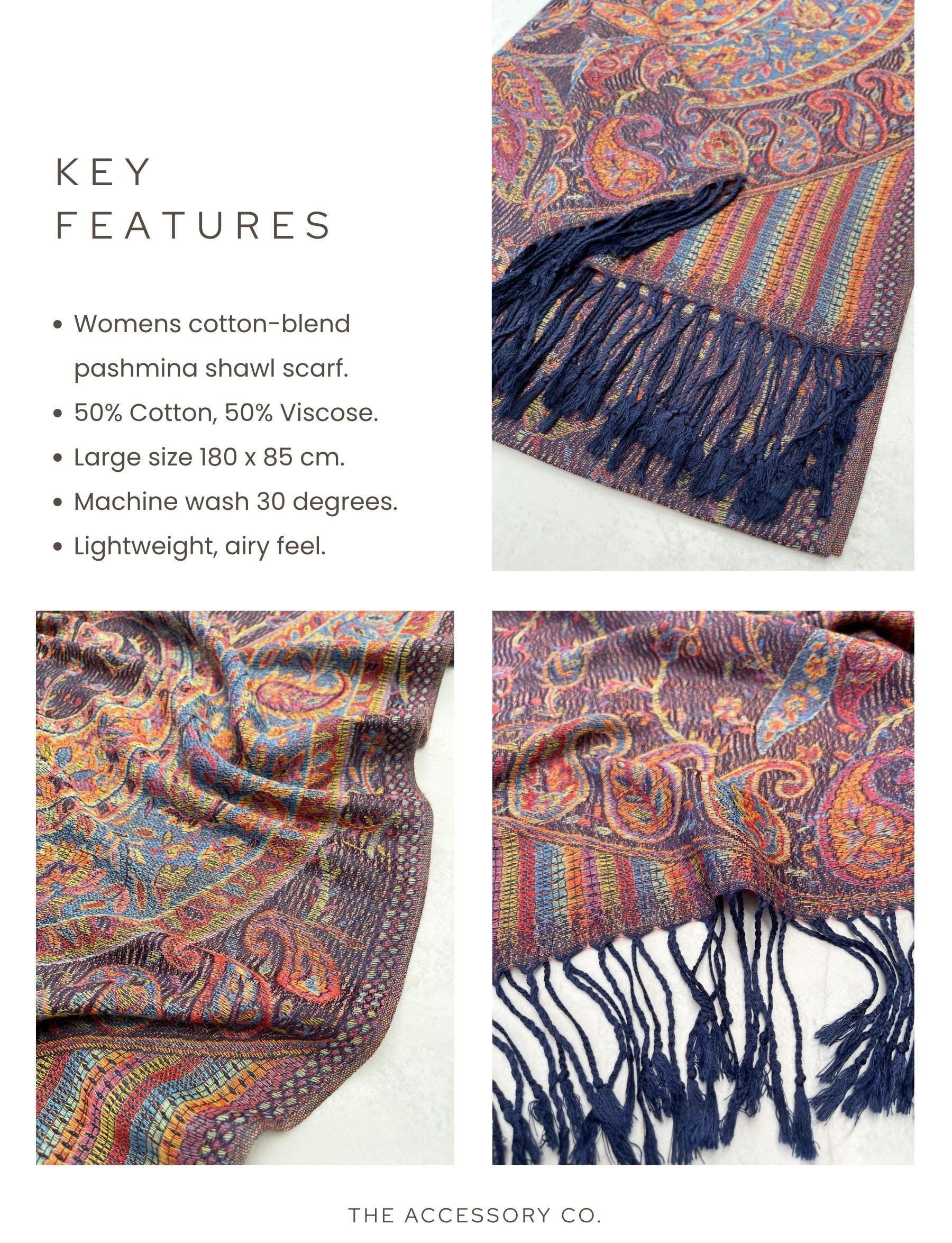 LARGE NAVY BLUE MULTI COLOUR PAISLEY PASHMINA SHAWL SCARF WRAP - A-SHU.CO.UK