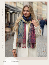 LARGE NAVY BLUE RAINBOW MULTI COLOUR PAISLEY PRINT PASHMINA SHAWL SCARF - A-SHU.CO.UK
