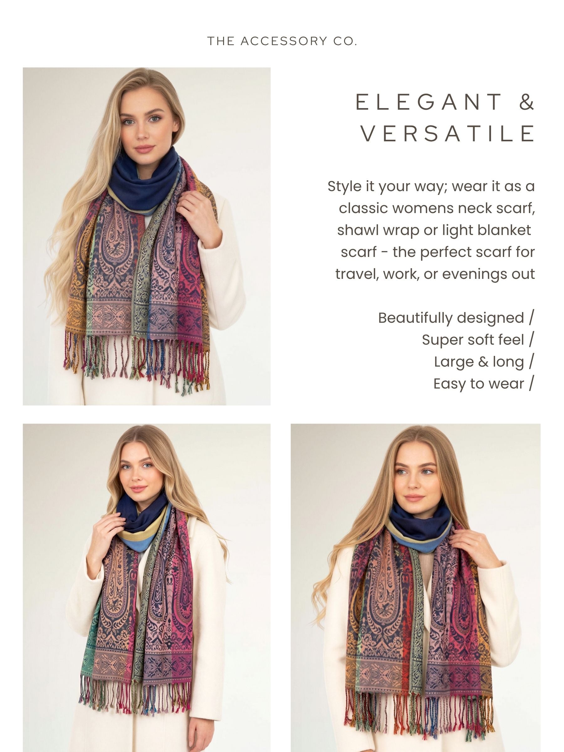 LARGE NAVY BLUE RAINBOW MULTI COLOUR PAISLEY PRINT PASHMINA SHAWL SCARF - A-SHU.CO.UK