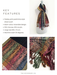 LARGE NAVY BLUE RAINBOW MULTI COLOUR PAISLEY PRINT PASHMINA SHAWL SCARF - A-SHU.CO.UK
