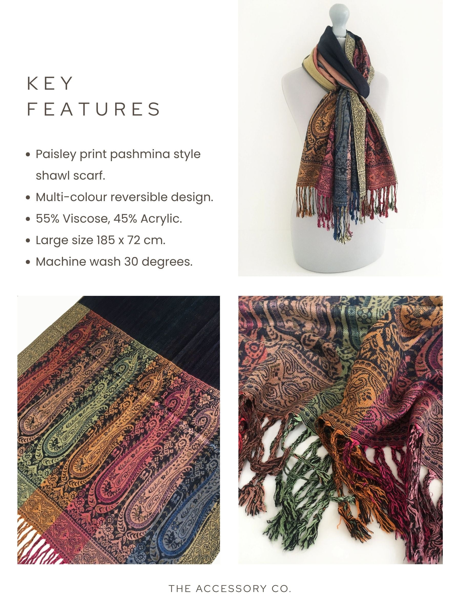 LARGE NAVY BLUE RAINBOW MULTI COLOUR PAISLEY PRINT PASHMINA SHAWL SCARF - A-SHU.CO.UK