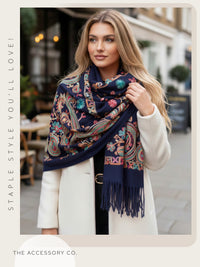 LARGE NAVY COLOURFUL PAISLEY CASHMERE COTTON BLEND WINTER SHAWL BLANKET SCARF