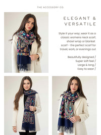 LARGE NAVY COLOURFUL PAISLEY CASHMERE COTTON BLEND WINTER SHAWL BLANKET SCARF