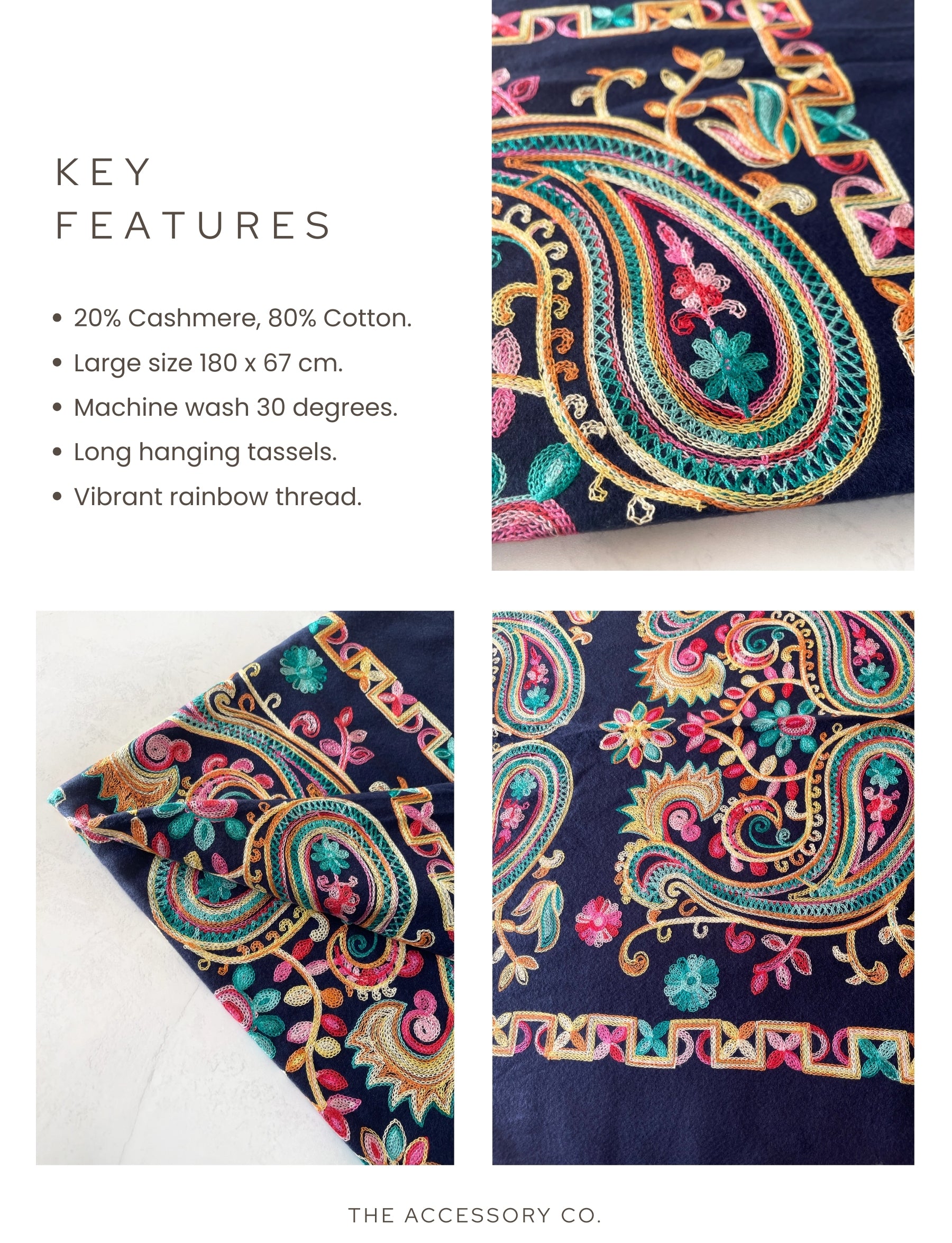 LARGE NAVY COLOURFUL PAISLEY CASHMERE COTTON BLEND WINTER SHAWL BLANKET SCARF