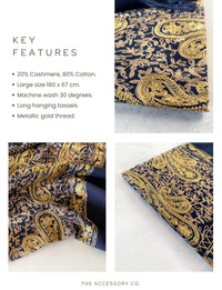 LARGE NAVY PAISLEY CASHMERE COTTON BLEND WINTER SHAWL BLANKET SCARF