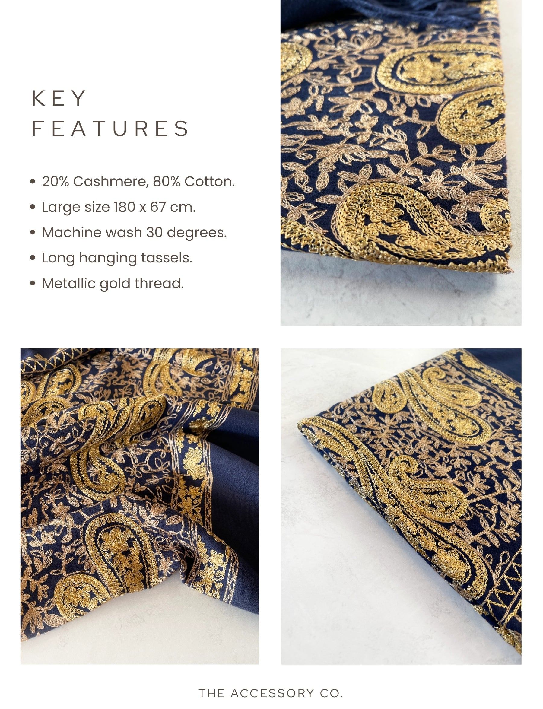 LARGE NAVY PAISLEY CASHMERE COTTON BLEND WINTER SHAWL BLANKET SCARF