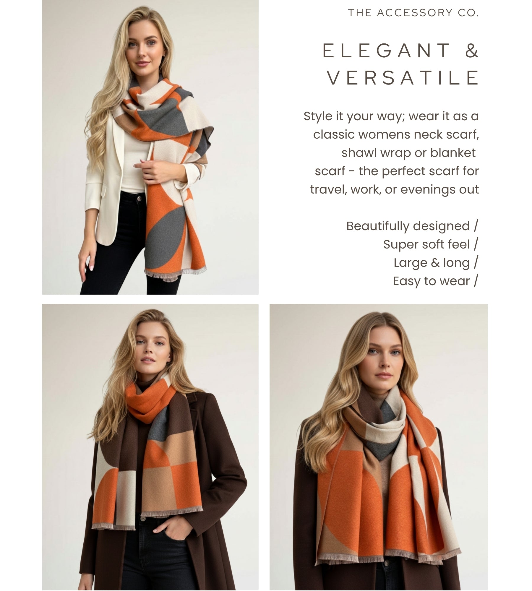 LARGE ORANGE CASHMERE RETRO PRINT REVERSIBLE WINTER SHAWL BLANKET SCARF