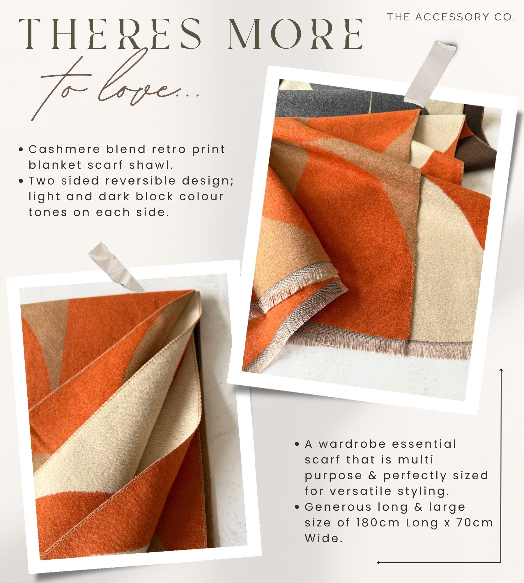 LARGE ORANGE CASHMERE RETRO PRINT REVERSIBLE WINTER SHAWL BLANKET SCARF