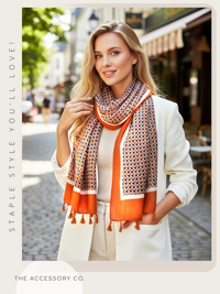 LARGE ORANGE DIAMOND PRINT SHAWL SCARF WITH TASSELS - A-SHU.CO.UK